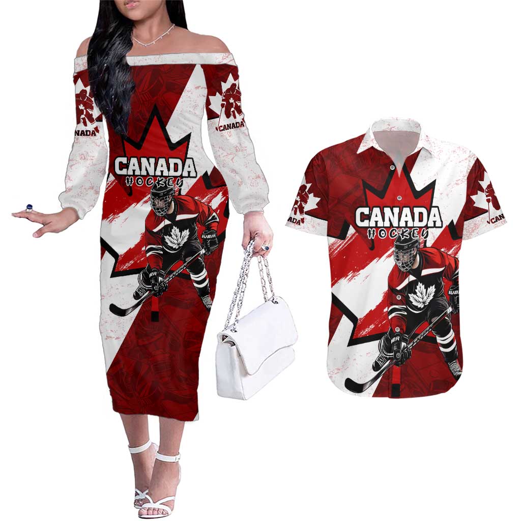Personalized Canada Hockey Warrior Couples Matching Off The Shoulder Long Sleeve Dress and Hawaiian Shirt Bold Maple Leaf Sports Art