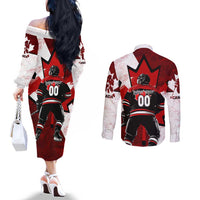 Personalized Canada Hockey Warrior Couples Matching Off The Shoulder Long Sleeve Dress and Long Sleeve Button Shirt Bold Maple Leaf Sports Art