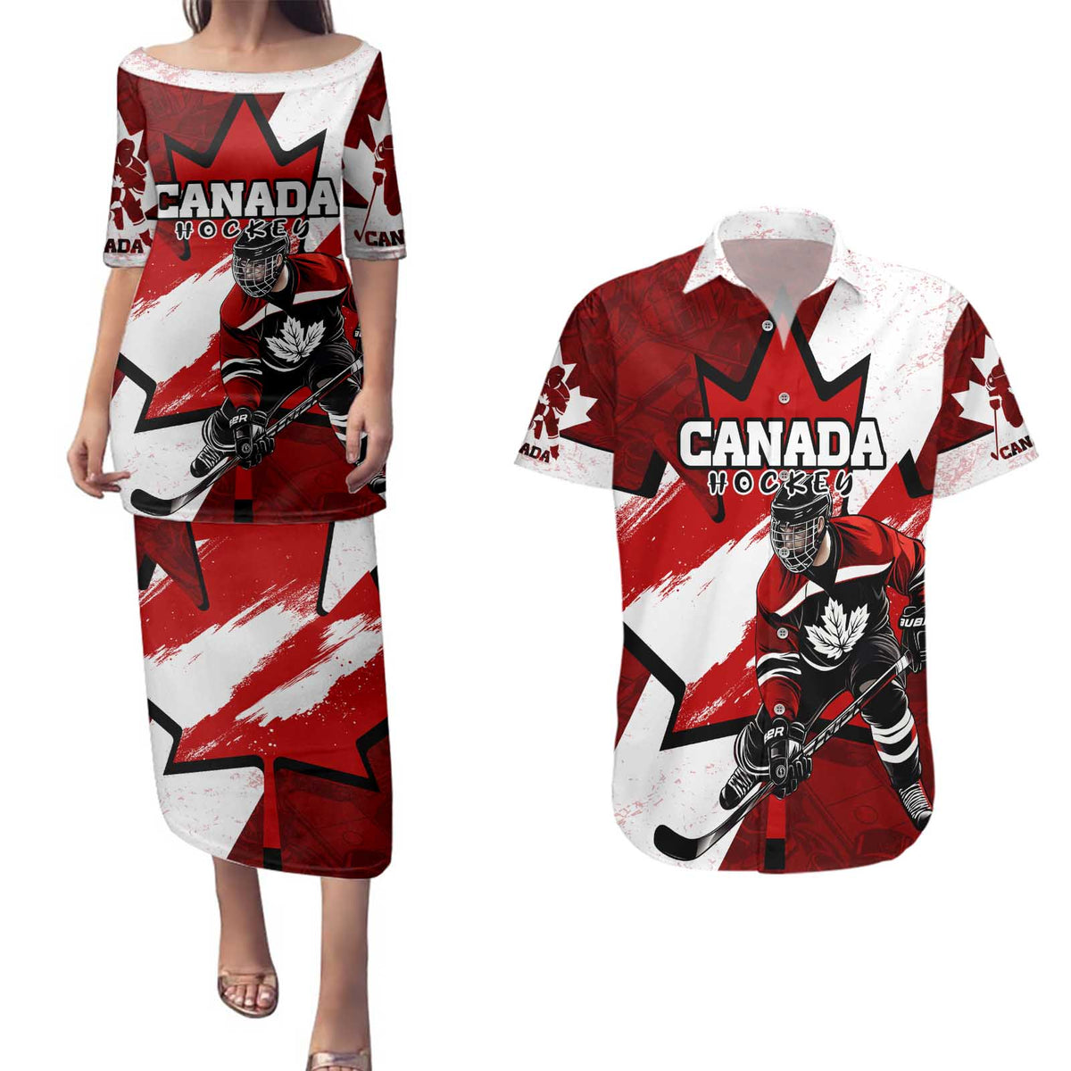 Personalized Canada Hockey Warrior Couples Matching Puletasi and Hawaiian Shirt Bold Maple Leaf Sports Art
