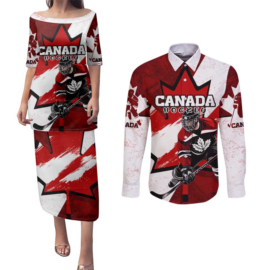 Personalized Canada Hockey Warrior Couples Matching Puletasi and Long Sleeve Button Shirt Bold Maple Leaf Sports Art