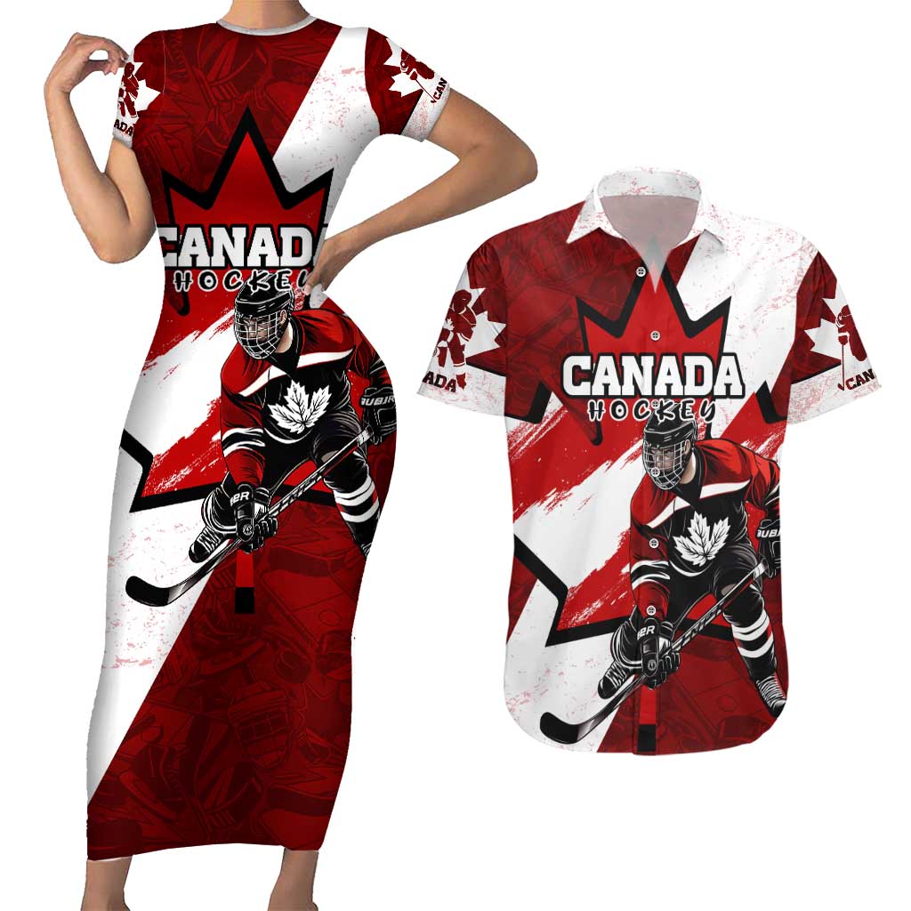 Personalized Canada Hockey Warrior Couples Matching Short Sleeve Bodycon Dress and Hawaiian Shirt Bold Maple Leaf Sports Art