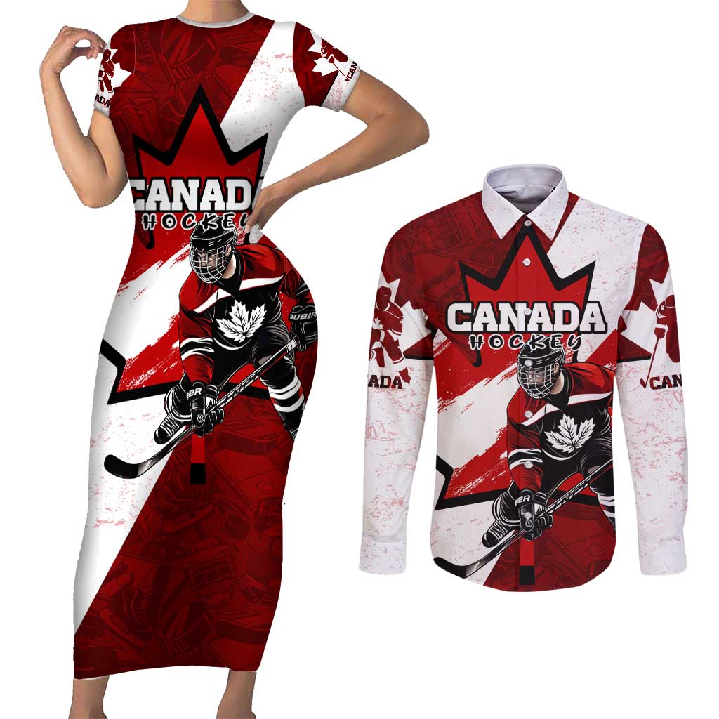 Personalized Canada Hockey Warrior Couples Matching Short Sleeve Bodycon Dress and Long Sleeve Button Shirt Bold Maple Leaf Sports Art