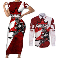 Personalized Canada Hockey Warrior Couples Matching Short Sleeve Bodycon Dress and Long Sleeve Button Shirt Bold Maple Leaf Sports Art