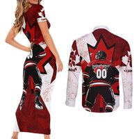 Personalized Canada Hockey Warrior Couples Matching Short Sleeve Bodycon Dress and Long Sleeve Button Shirt Bold Maple Leaf Sports Art