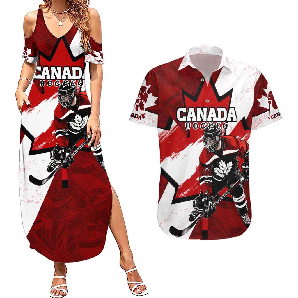 Personalized Canada Hockey Warrior Couples Matching Summer Maxi Dress and Hawaiian Shirt Bold Maple Leaf Sports Art