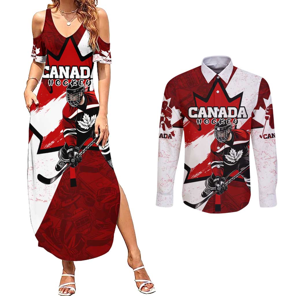 Personalized Canada Hockey Warrior Couples Matching Summer Maxi Dress and Long Sleeve Button Shirt Bold Maple Leaf Sports Art