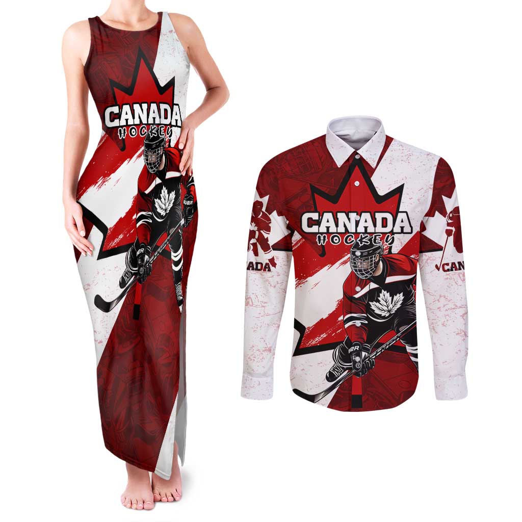Personalized Canada Hockey Warrior Couples Matching Tank Maxi Dress and Long Sleeve Button Shirt Bold Maple Leaf Sports Art