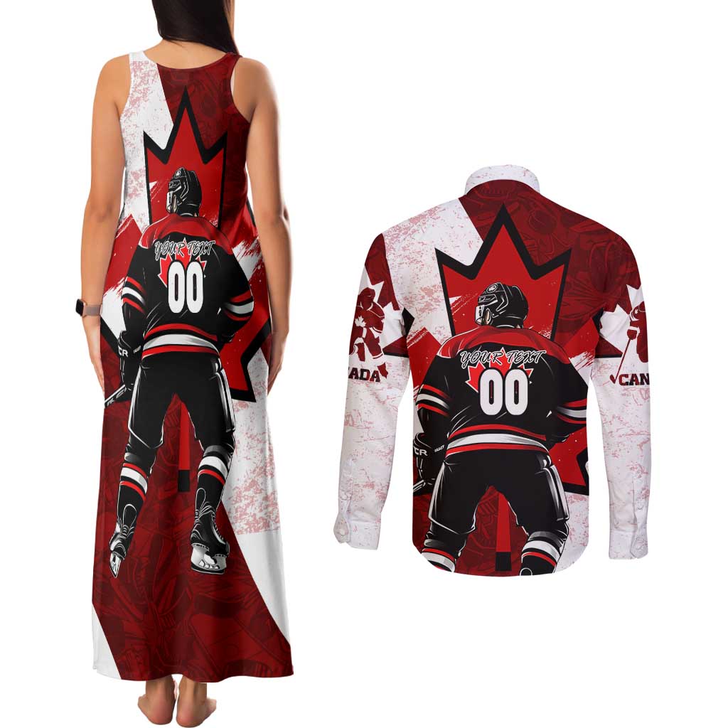 Personalized Canada Hockey Warrior Couples Matching Tank Maxi Dress and Long Sleeve Button Shirt Bold Maple Leaf Sports Art