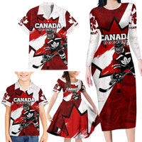 Personalized Canada Hockey Warrior Family Matching Long Sleeve Bodycon Dress and Hawaiian Shirt Bold Maple Leaf Sports Art