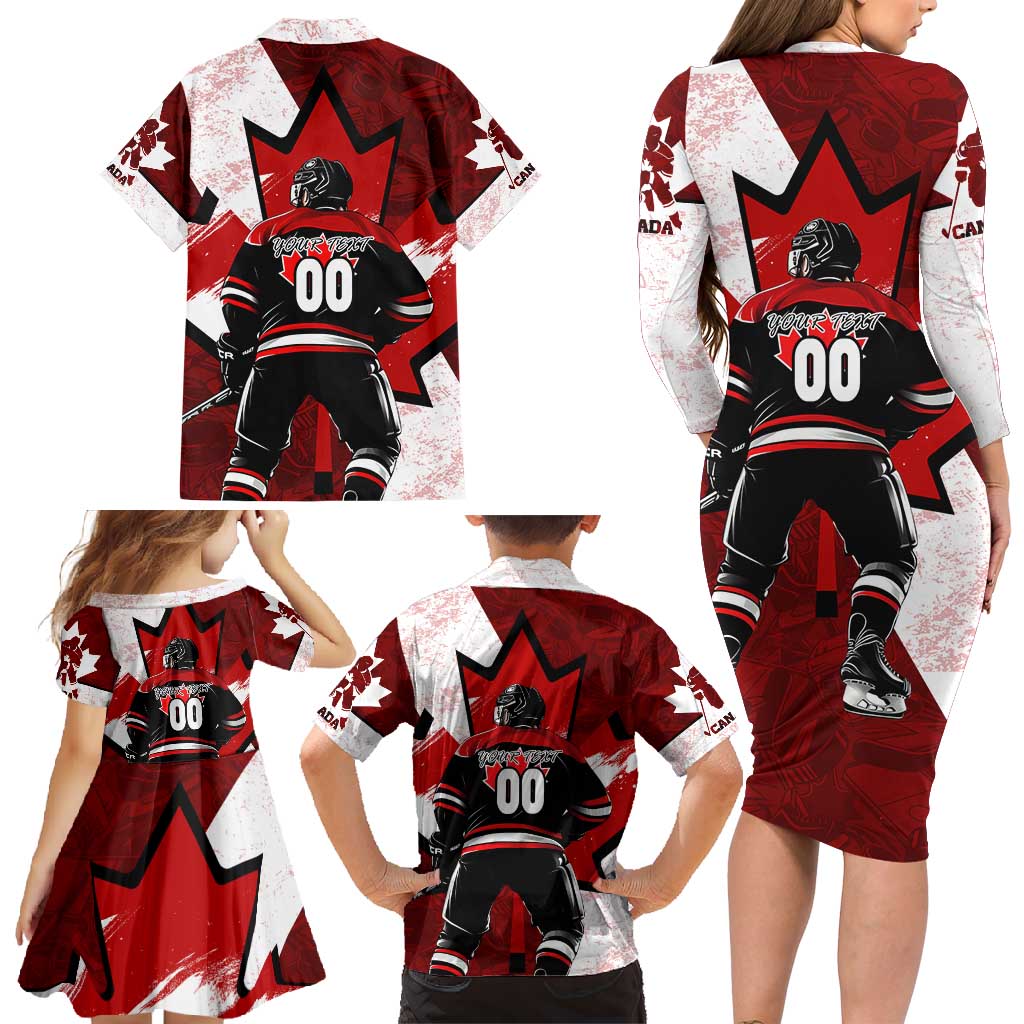 Personalized Canada Hockey Warrior Family Matching Long Sleeve Bodycon Dress and Hawaiian Shirt Bold Maple Leaf Sports Art