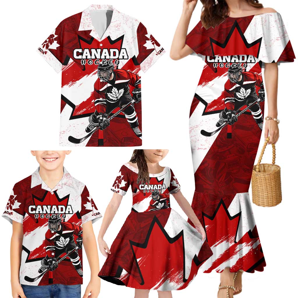 Personalized Canada Hockey Warrior Family Matching Mermaid Dress and Hawaiian Shirt Bold Maple Leaf Sports Art