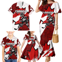 Personalized Canada Hockey Warrior Family Matching Mermaid Dress and Hawaiian Shirt Bold Maple Leaf Sports Art