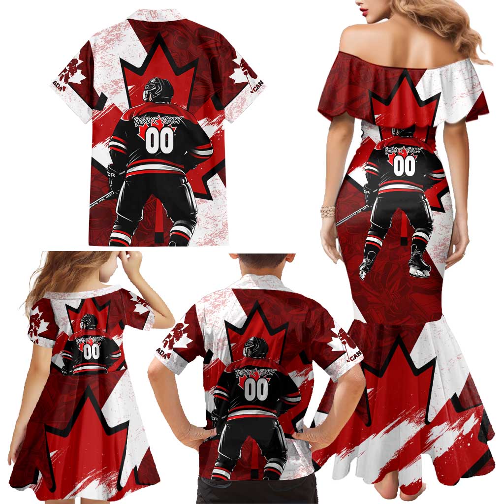 Personalized Canada Hockey Warrior Family Matching Mermaid Dress and Hawaiian Shirt Bold Maple Leaf Sports Art