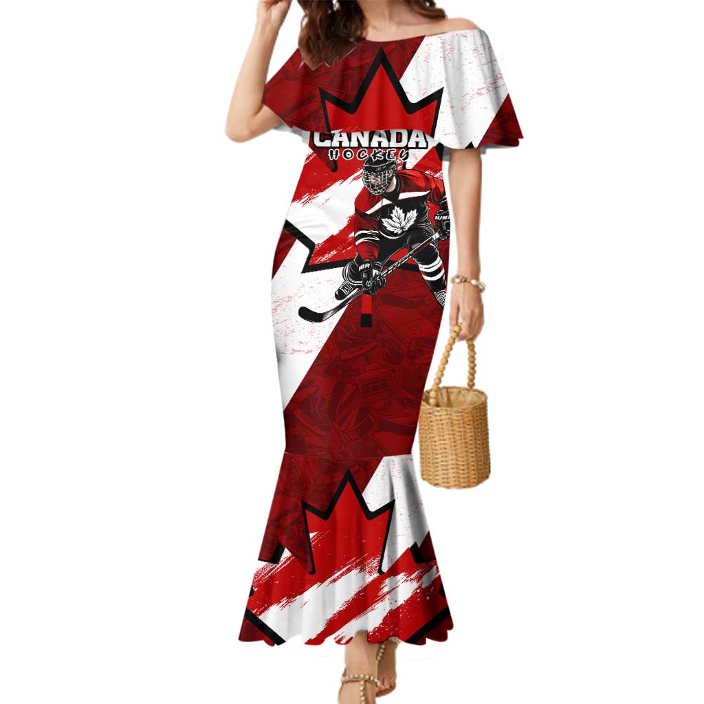 Personalized Canada Hockey Warrior Family Matching Mermaid Dress and Hawaiian Shirt Bold Maple Leaf Sports Art