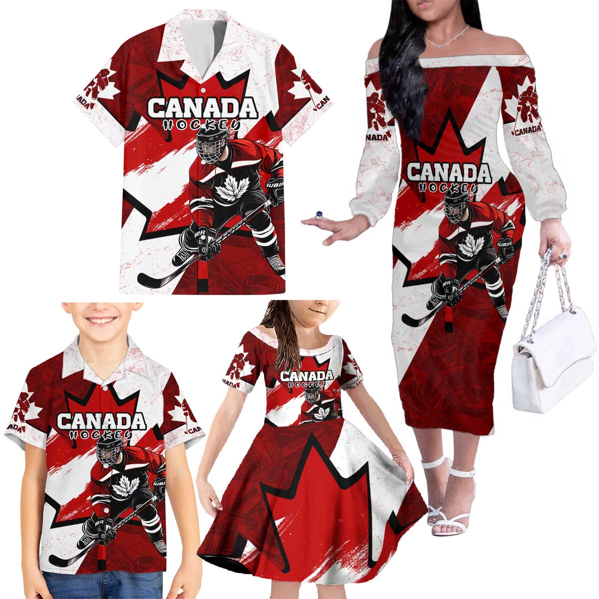 Personalized Canada Hockey Warrior Family Matching Off The Shoulder Long Sleeve Dress and Hawaiian Shirt Bold Maple Leaf Sports Art