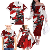 Personalized Canada Hockey Warrior Family Matching Off The Shoulder Long Sleeve Dress and Hawaiian Shirt Bold Maple Leaf Sports Art