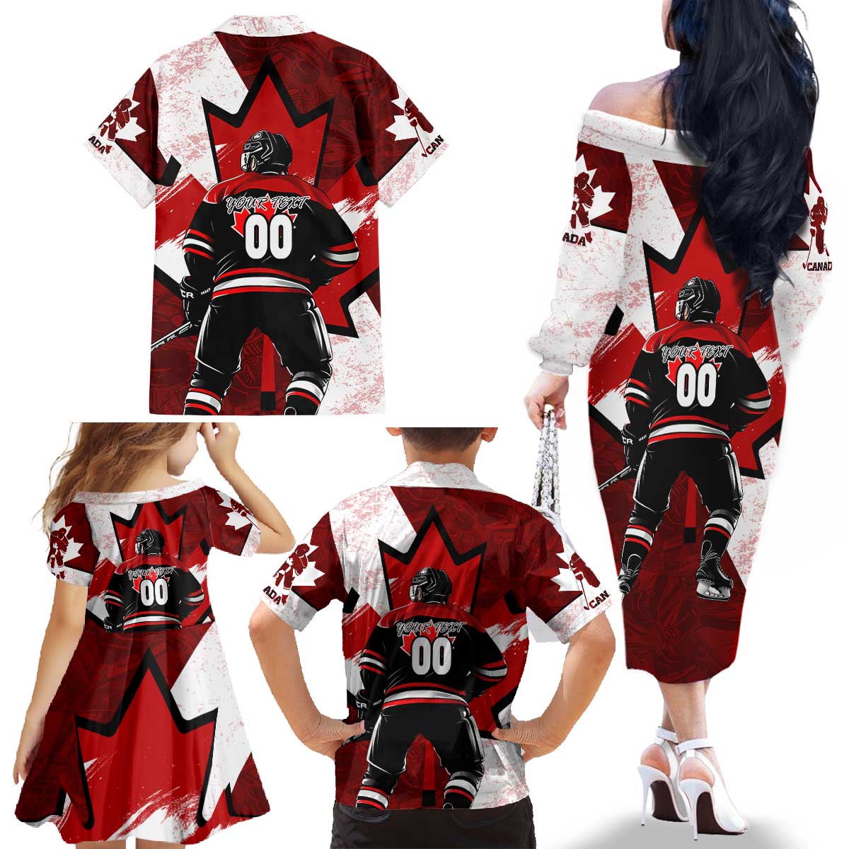 Personalized Canada Hockey Warrior Family Matching Off The Shoulder Long Sleeve Dress and Hawaiian Shirt Bold Maple Leaf Sports Art