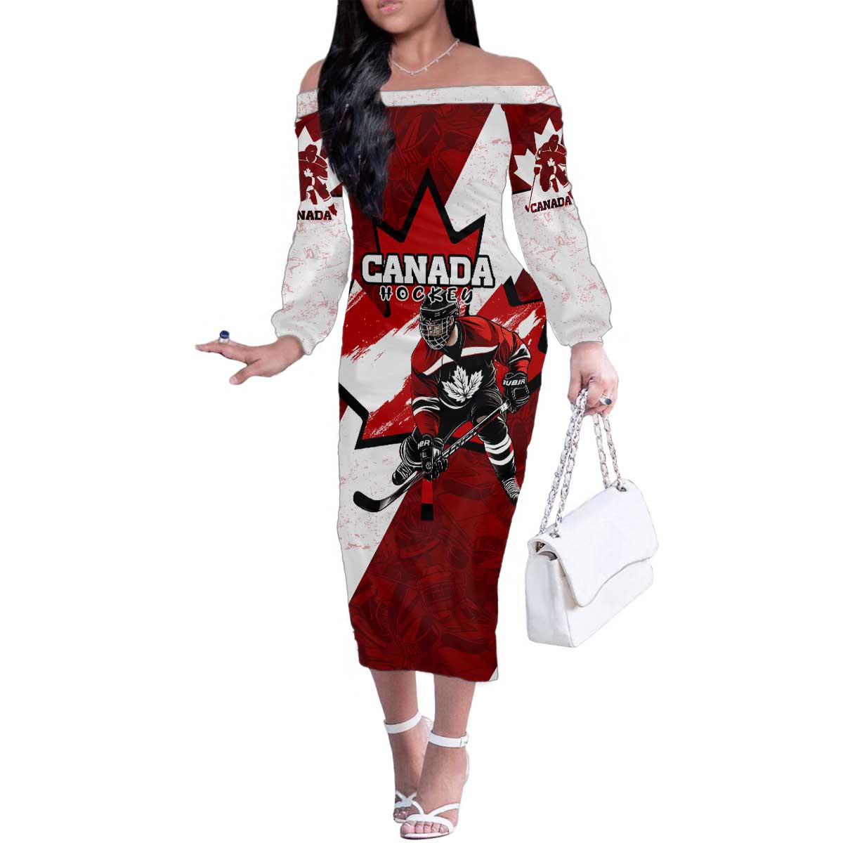 Personalized Canada Hockey Warrior Family Matching Off The Shoulder Long Sleeve Dress and Hawaiian Shirt Bold Maple Leaf Sports Art