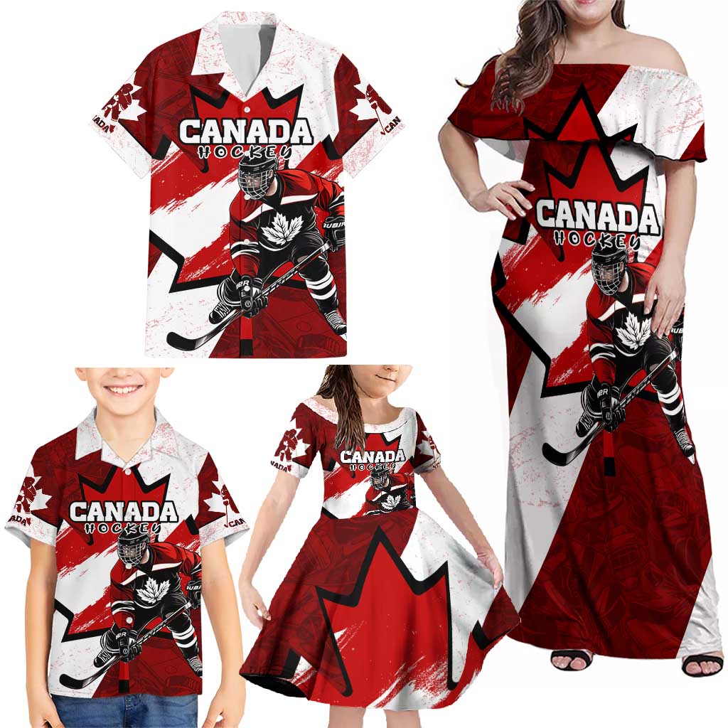Personalized Canada Hockey Warrior Family Matching Off Shoulder Maxi Dress and Hawaiian Shirt Bold Maple Leaf Sports Art