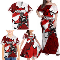 Personalized Canada Hockey Warrior Family Matching Off Shoulder Maxi Dress and Hawaiian Shirt Bold Maple Leaf Sports Art