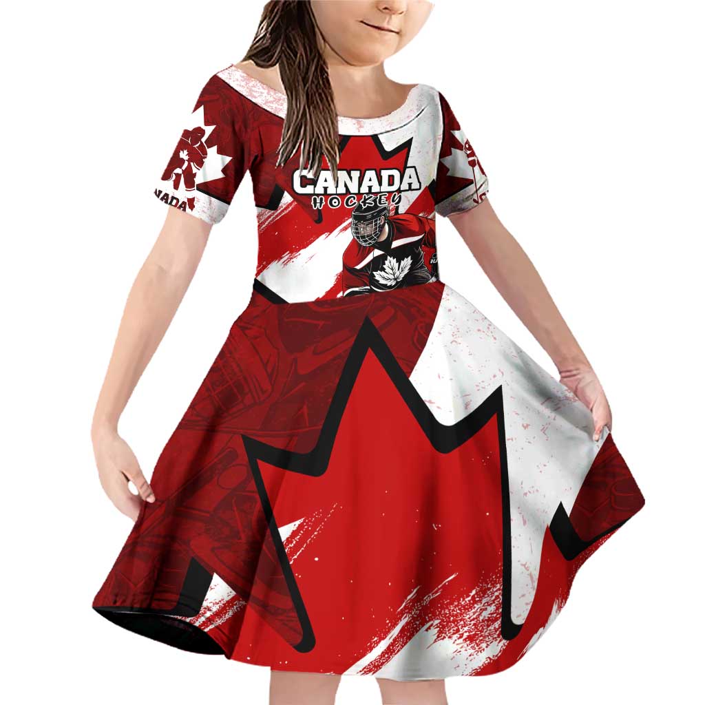Personalized Canada Hockey Warrior Family Matching Off Shoulder Short Dress and Hawaiian Shirt Bold Maple Leaf Sports Art