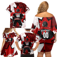 Personalized Canada Hockey Warrior Family Matching Off Shoulder Short Dress and Hawaiian Shirt Bold Maple Leaf Sports Art