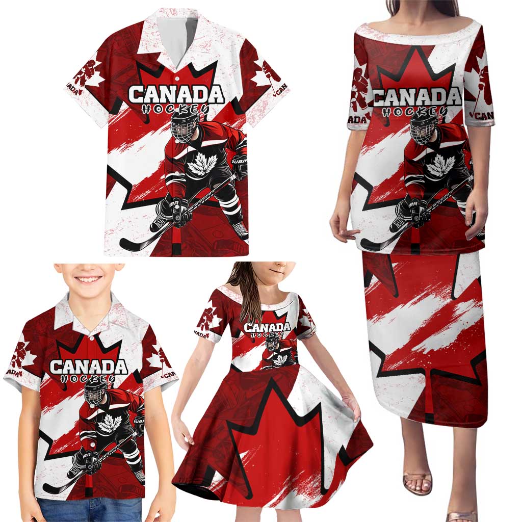 Personalized Canada Hockey Warrior Family Matching Puletasi and Hawaiian Shirt Bold Maple Leaf Sports Art