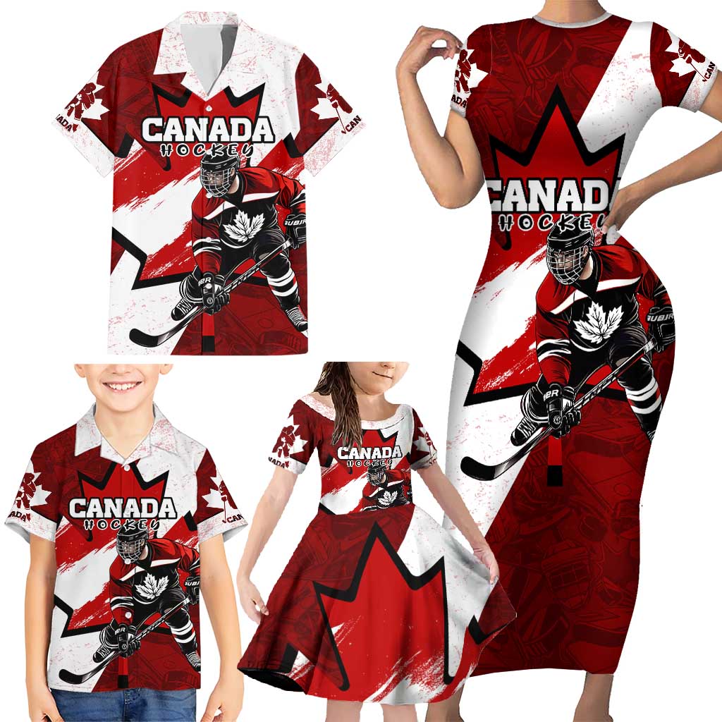 Personalized Canada Hockey Warrior Family Matching Short Sleeve Bodycon Dress and Hawaiian Shirt Bold Maple Leaf Sports Art