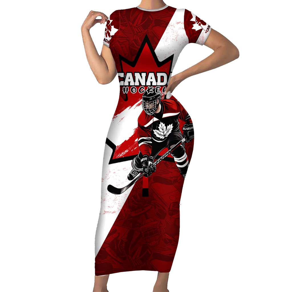 Personalized Canada Hockey Warrior Family Matching Short Sleeve Bodycon Dress and Hawaiian Shirt Bold Maple Leaf Sports Art