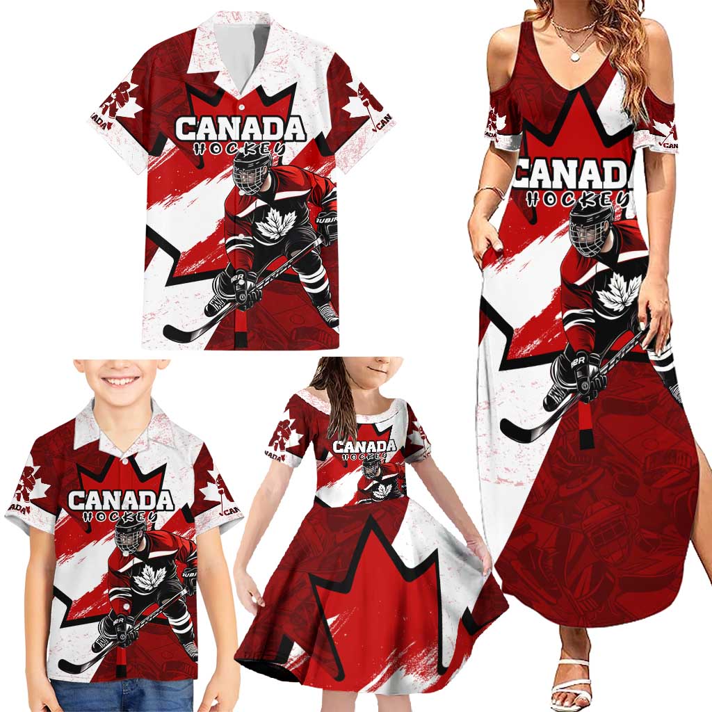 Personalized Canada Hockey Warrior Family Matching Summer Maxi Dress and Hawaiian Shirt Bold Maple Leaf Sports Art