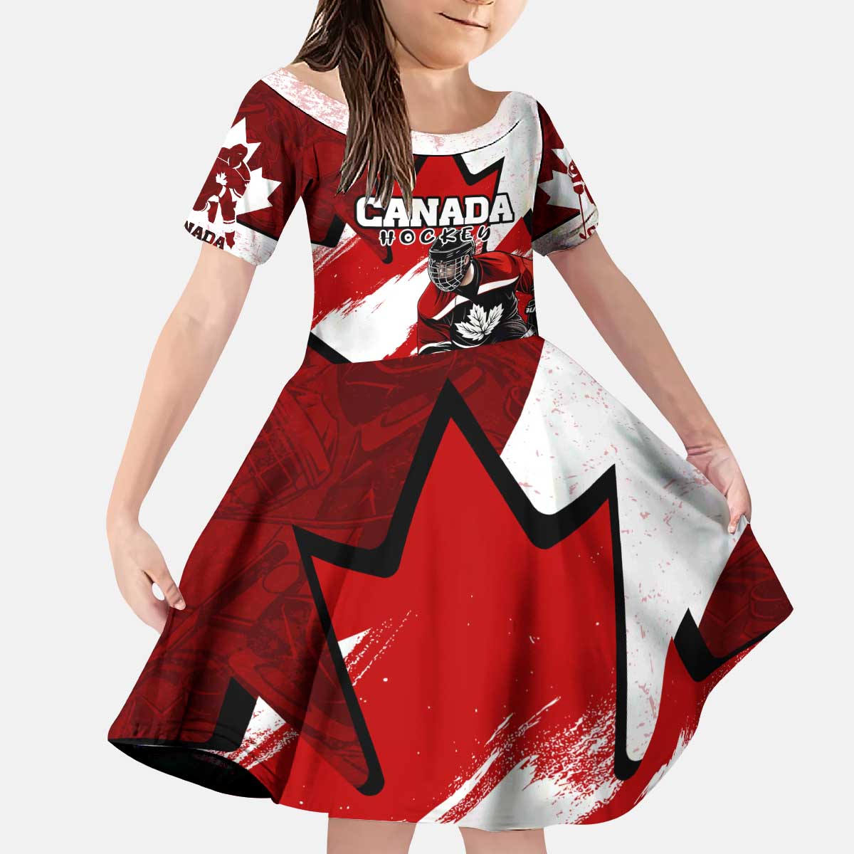 Personalized Canada Hockey Warrior Kid Short Sleeve Dress Bold Maple Leaf Sports Art