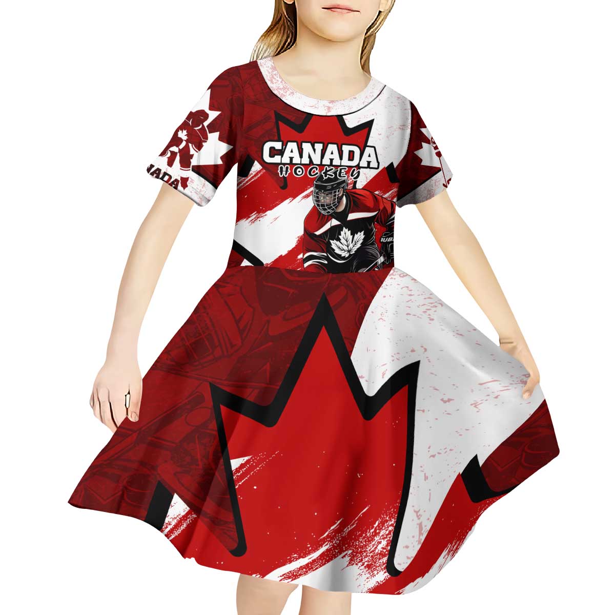 Personalized Canada Hockey Warrior Kid Short Sleeve Dress Bold Maple Leaf Sports Art