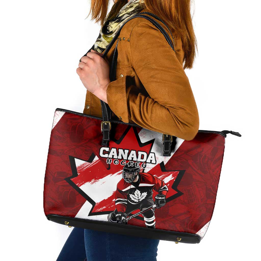 Canada Hockey Warrior Leather Tote Bag Bold Maple Leaf Sports Art