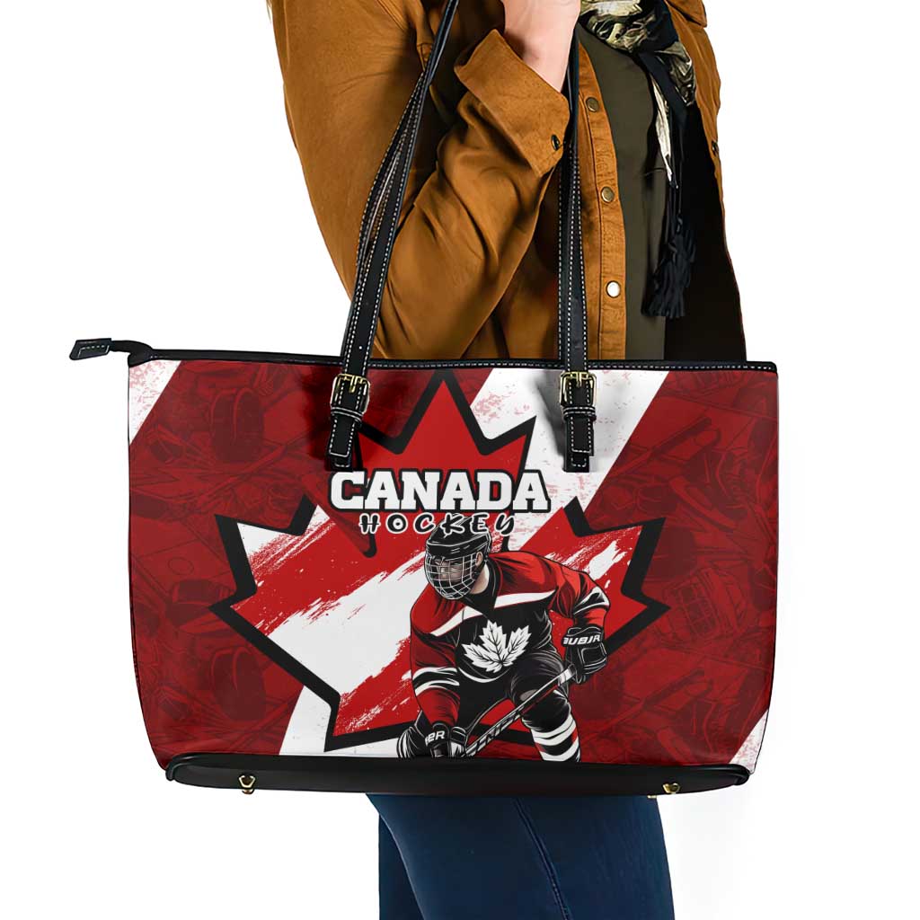 Canada Hockey Warrior Leather Tote Bag Bold Maple Leaf Sports Art