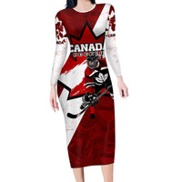 Personalized Canada Hockey Warrior Long Sleeve Bodycon Dress Bold Maple Leaf Sports Art