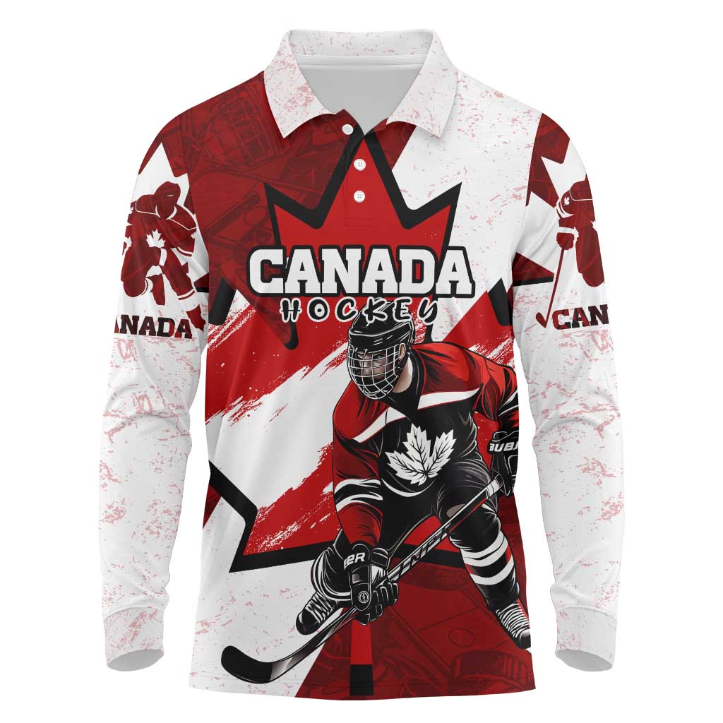 Personalized Canada Hockey Warrior Long Sleeve Polo Shirt Bold Maple Leaf Sports Art