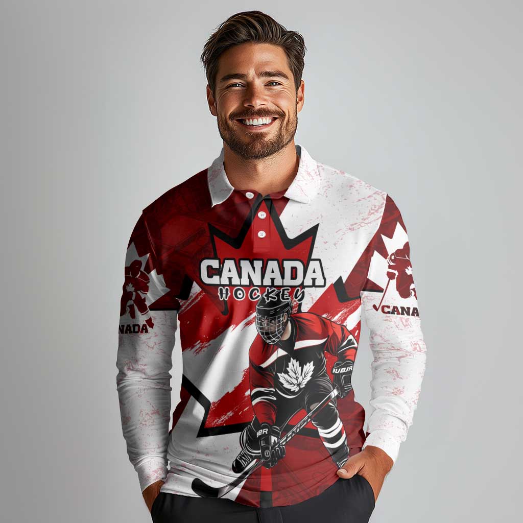 Personalized Canada Hockey Warrior Long Sleeve Polo Shirt Bold Maple Leaf Sports Art