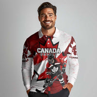 Personalized Canada Hockey Warrior Long Sleeve Polo Shirt Bold Maple Leaf Sports Art