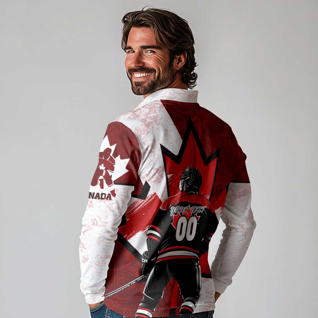 Personalized Canada Hockey Warrior Long Sleeve Polo Shirt Bold Maple Leaf Sports Art