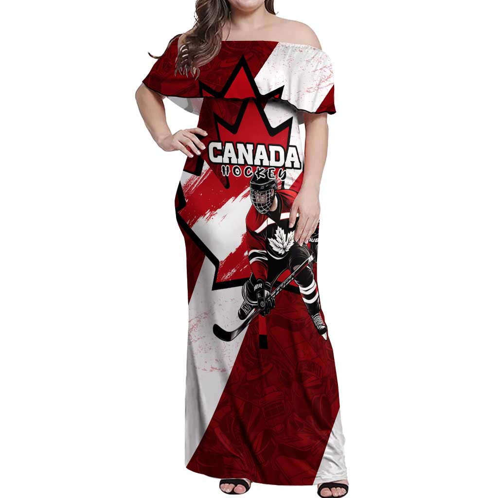 Personalized Canada Hockey Warrior Off Shoulder Maxi Dress Bold Maple Leaf Sports Art