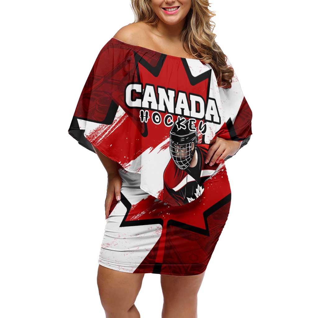 Personalized Canada Hockey Warrior Off Shoulder Short Dress Bold Maple Leaf Sports Art