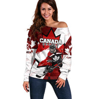 Personalized Canada Hockey Warrior Off Shoulder Sweater Bold Maple Leaf Sports Art