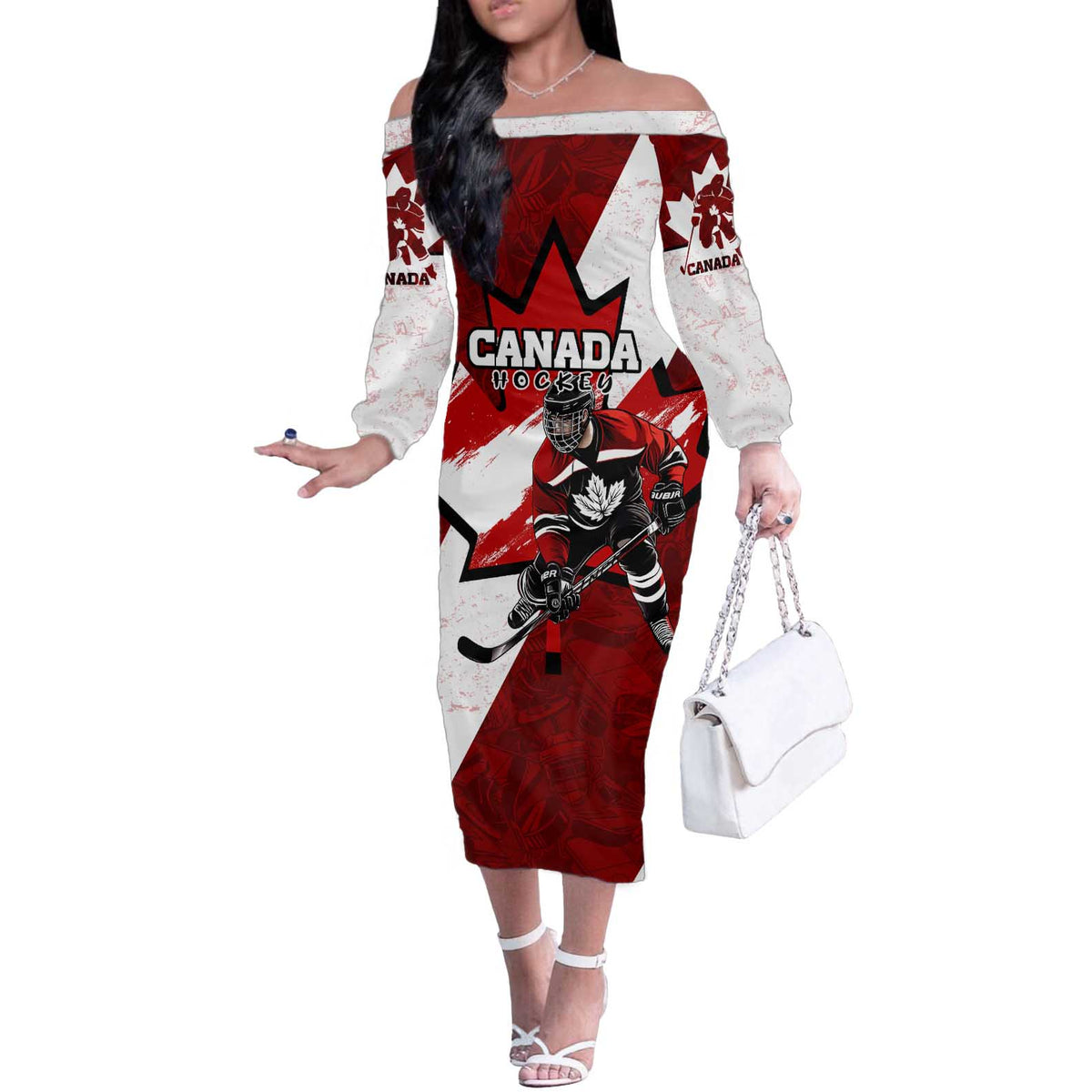 Personalized Canada Hockey Warrior Off The Shoulder Long Sleeve Dress Bold Maple Leaf Sports Art