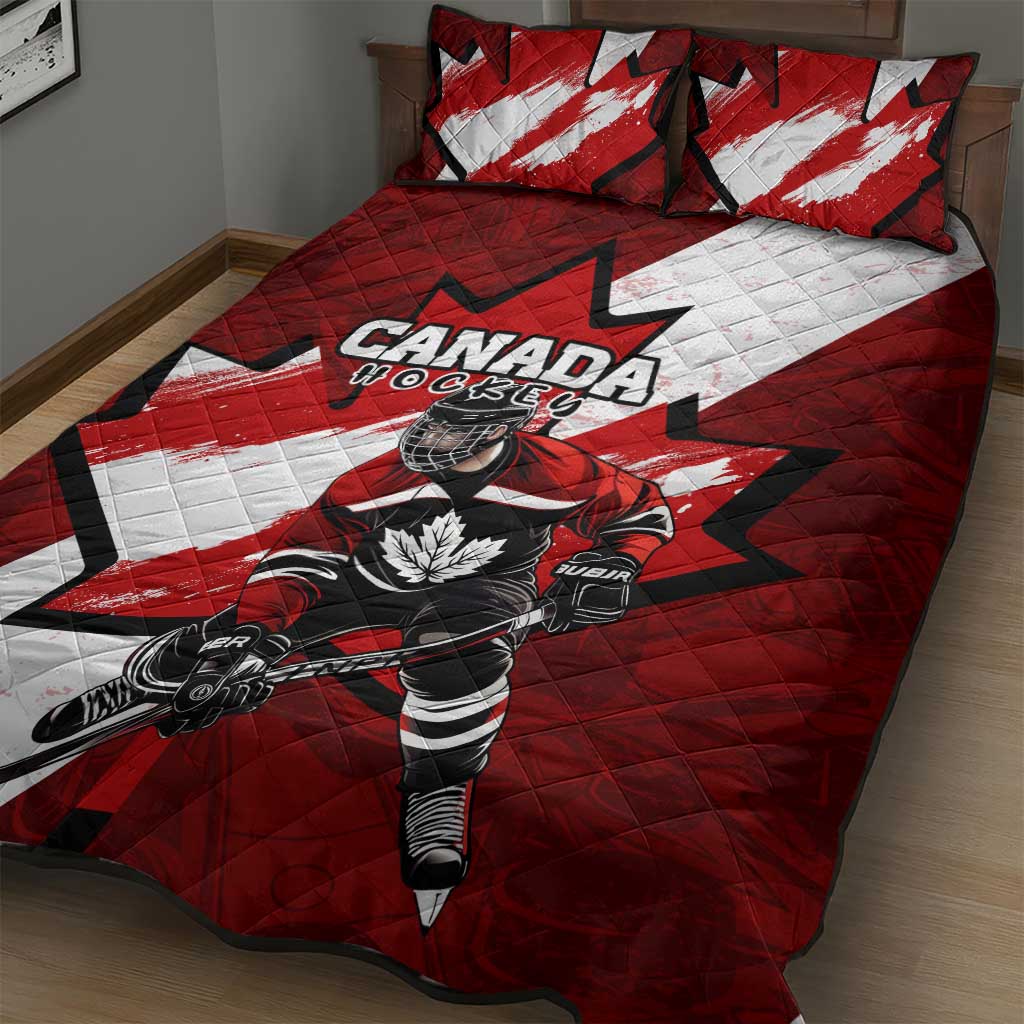 Canada Hockey Warrior Quilt Bed Set Bold Maple Leaf Sports Art