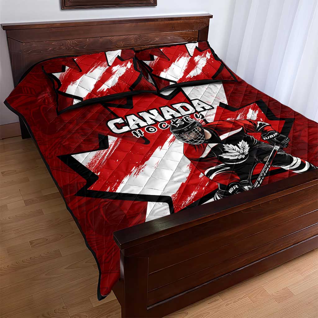 Canada Hockey Warrior Quilt Bed Set Bold Maple Leaf Sports Art