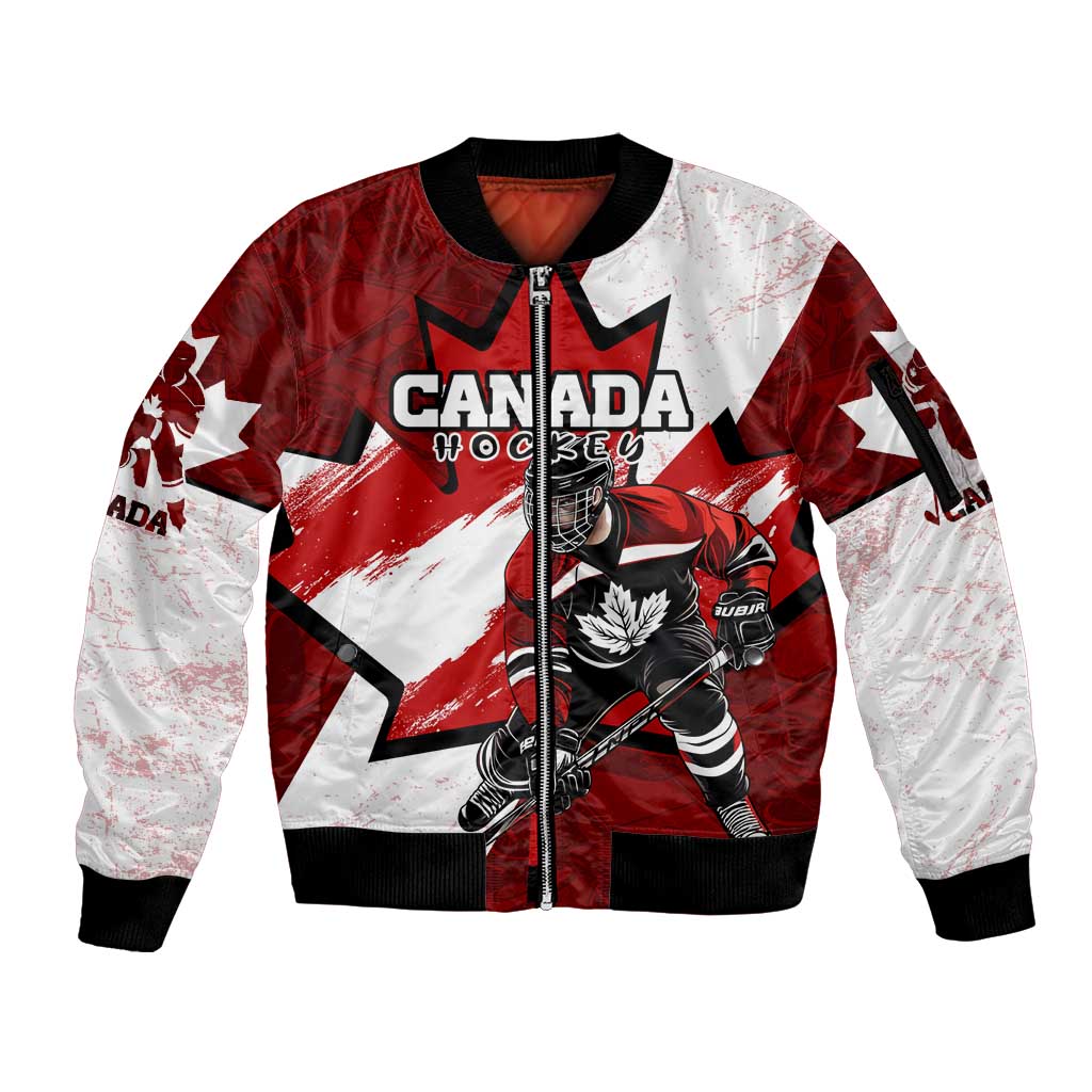 Personalized Canada Hockey Warrior Sleeve Zip Bomber Jacket Bold Maple Leaf Sports Art