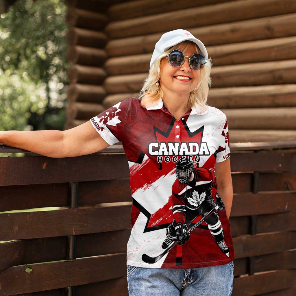 Personalized Canada Hockey Warrior Women Polo Shirt Bold Maple Leaf Sports Art