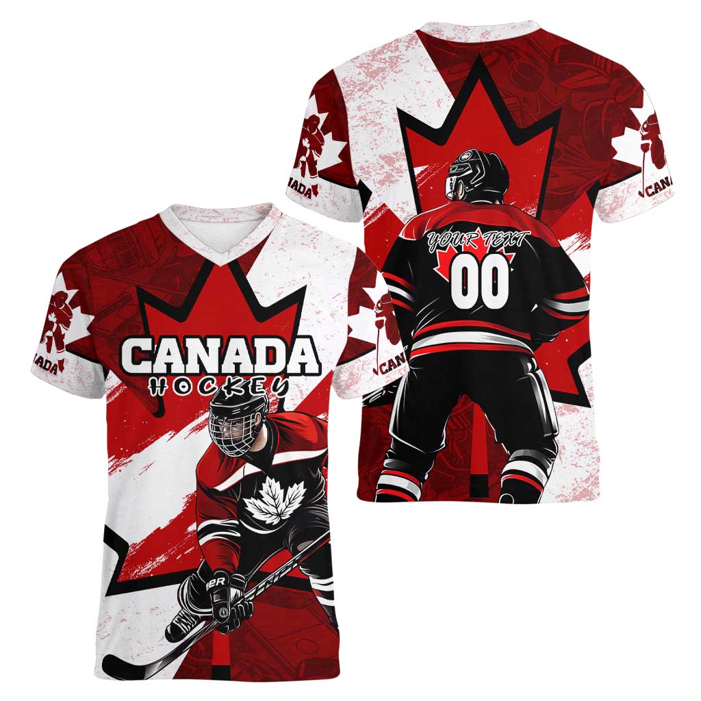 Personalized Canada Hockey Warrior Women V-Neck T-Shirt Bold Maple Leaf Sports Art