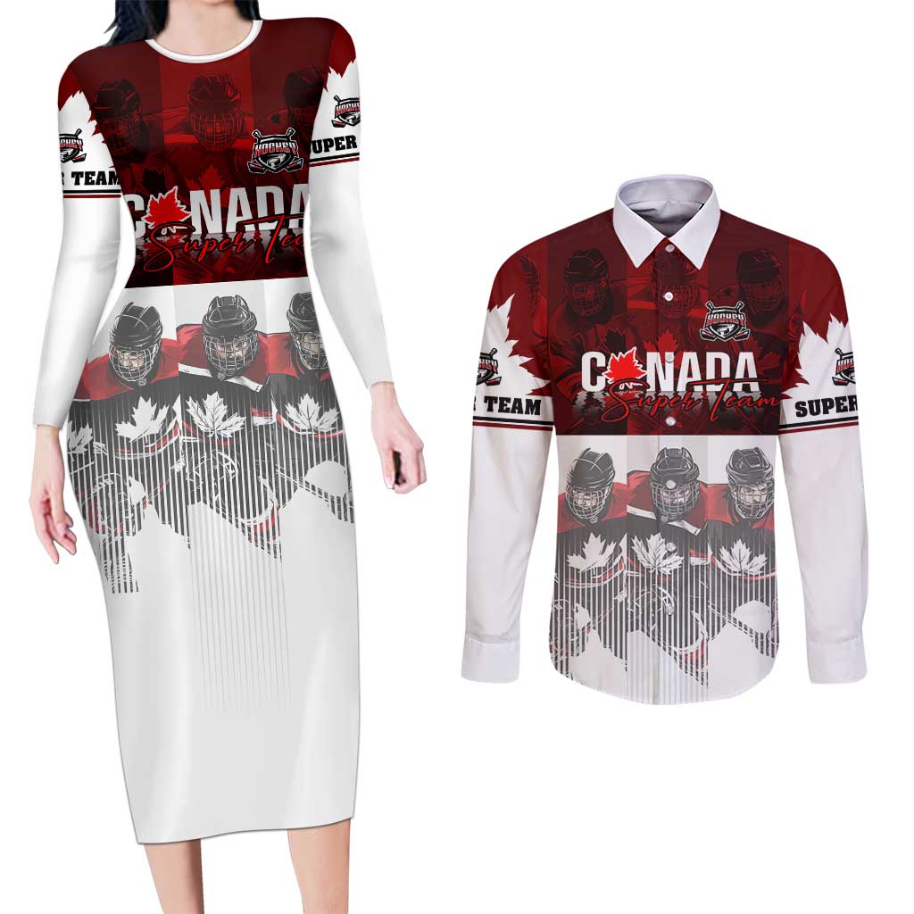 Canada Super Team Couples Matching Long Sleeve Bodycon Dress and Long Sleeve Button Shirt Dynamic Ice Hockey Legacy