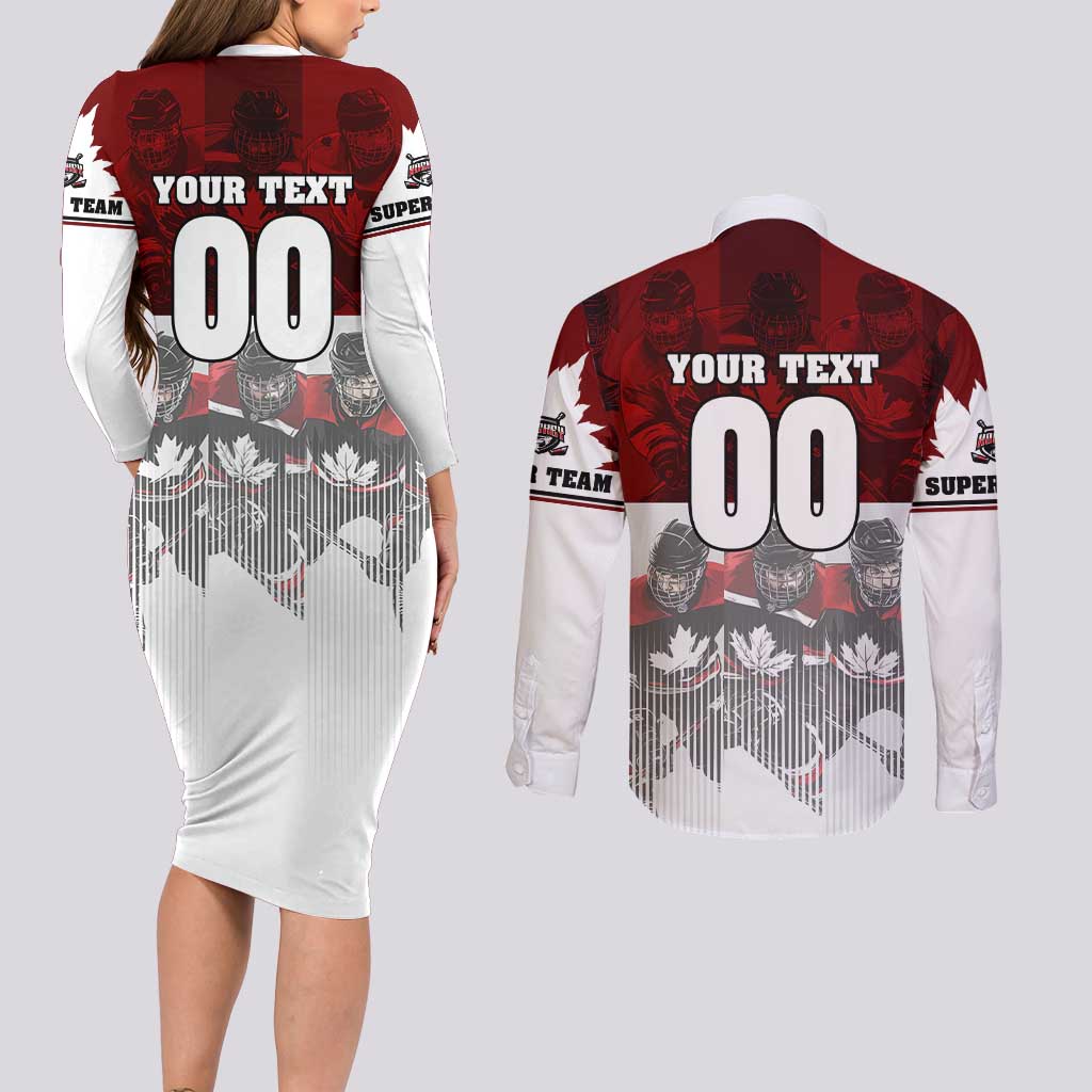 Canada Super Team Couples Matching Long Sleeve Bodycon Dress and Long Sleeve Button Shirt Dynamic Ice Hockey Legacy